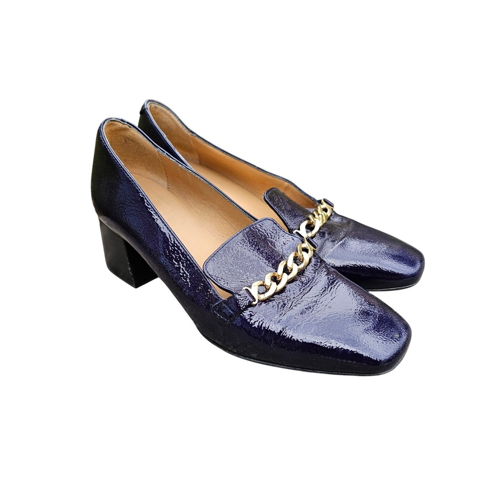 Anthropologie Susie Patent‎ Leather Loafers 36 Navy Blue Gold Chain Block Heel